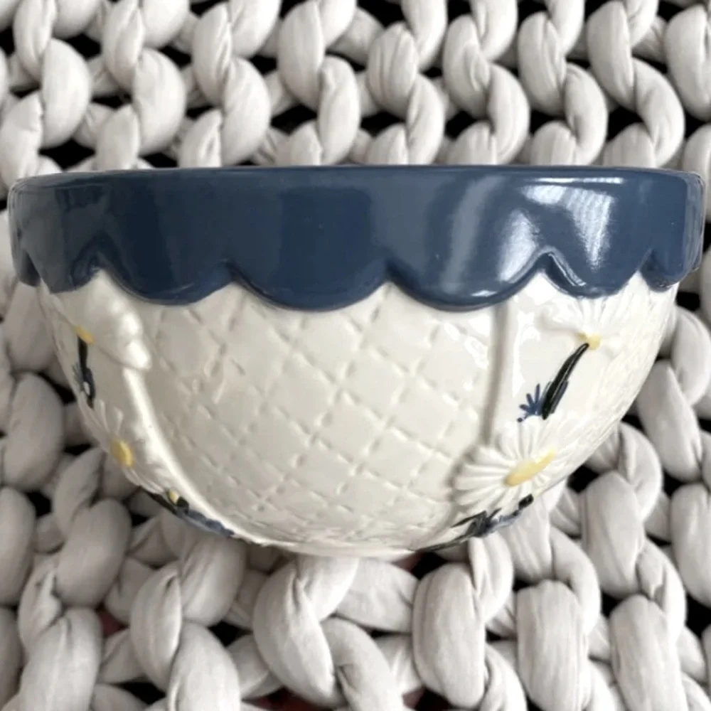 Vintage Ceramic Bowl Flowers Blue Scalloped Trim 6.5” Stamped Marked Decor Artsy